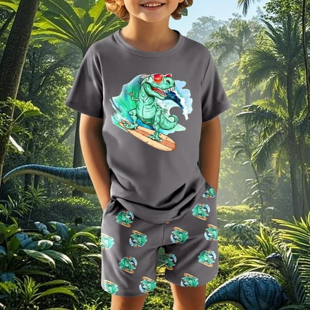 Boys Outfits Breathable Dinosaur Print Crew Neck T-Shirt And Shorts 2 Pcs Newborn Boy Outfits Grey 7-8 Years