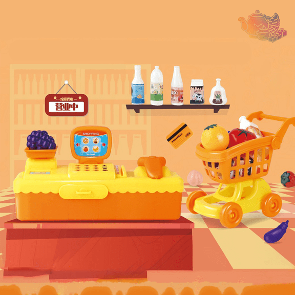 Pretend Supermarket Playset with Cash Register, Mini Shopping Cart, Simulated Fruits Vegetables and Drink Props, Grocery Pretend Play House Toys, Shopkeeper Role Play Toy for Kids Ages 3 and Up