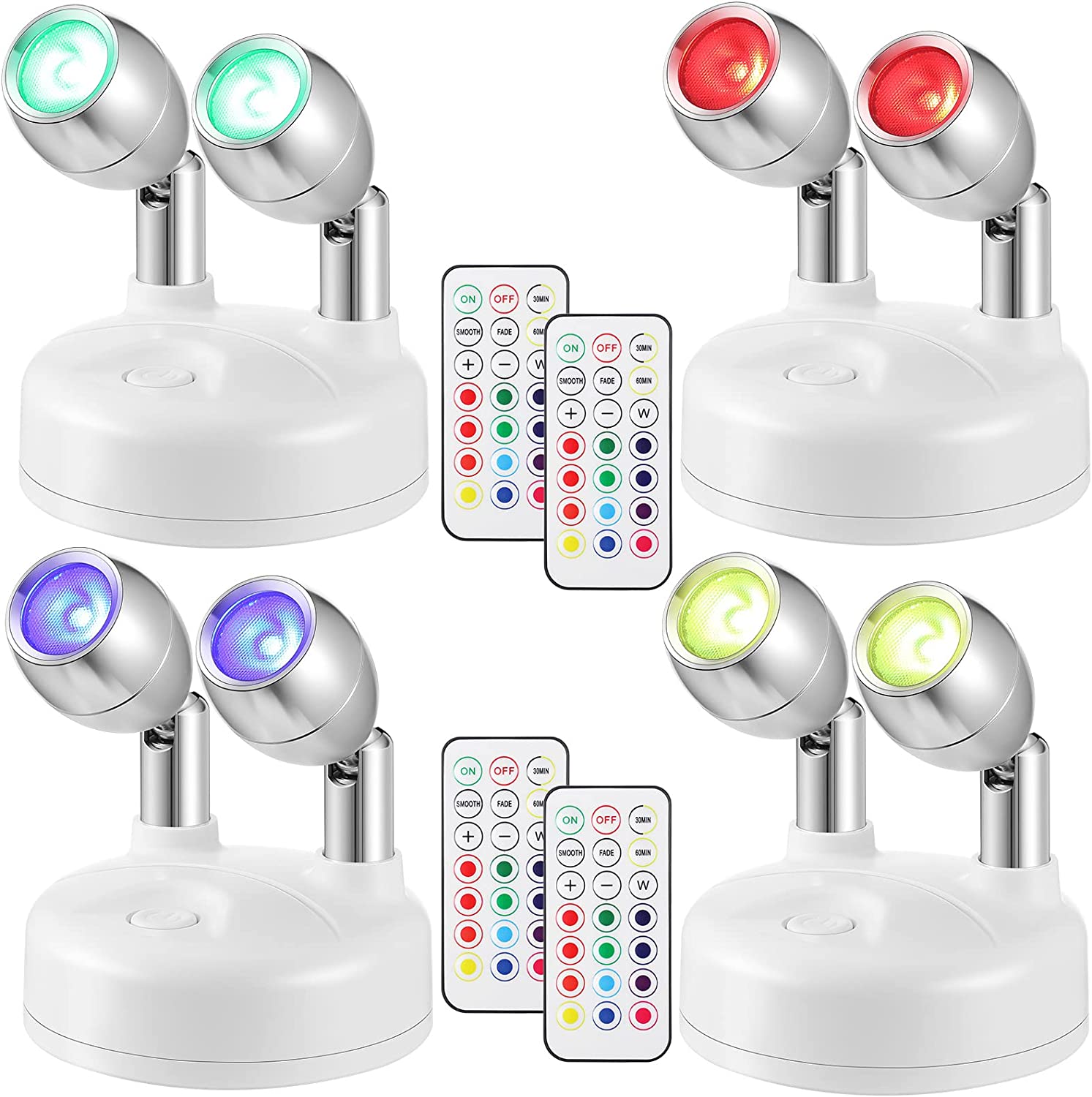 4 Pack Dual Head RGB Wireless LED Spotlight with Remote, 13 Color Spotlight, Battery Operated