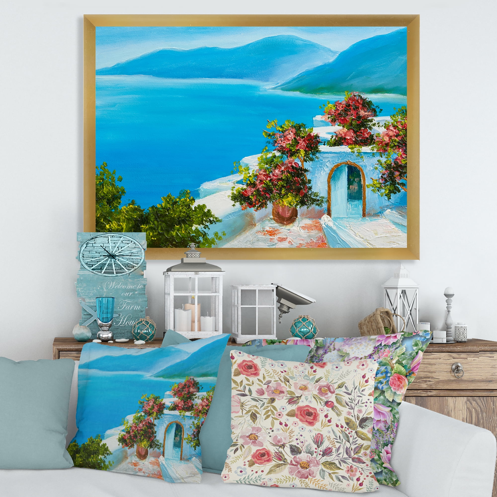 Designart 'House With Colorful Flowers Near The Sea I' Nautical & Coastal Framed Art Print