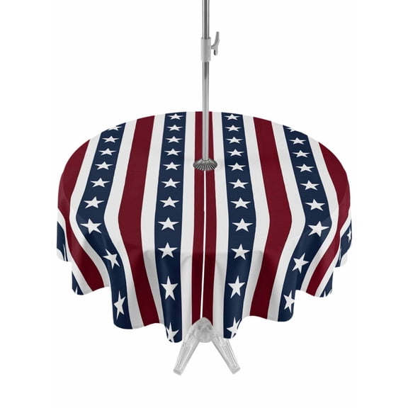 Outdoor Tablecloth with Umbrella Hole for Patio/Picnic/Party/Camping, Blue Star Red Striped Waterproof Table Cloth Round Cover Washable, Independence Day Stripes (Dia 60")