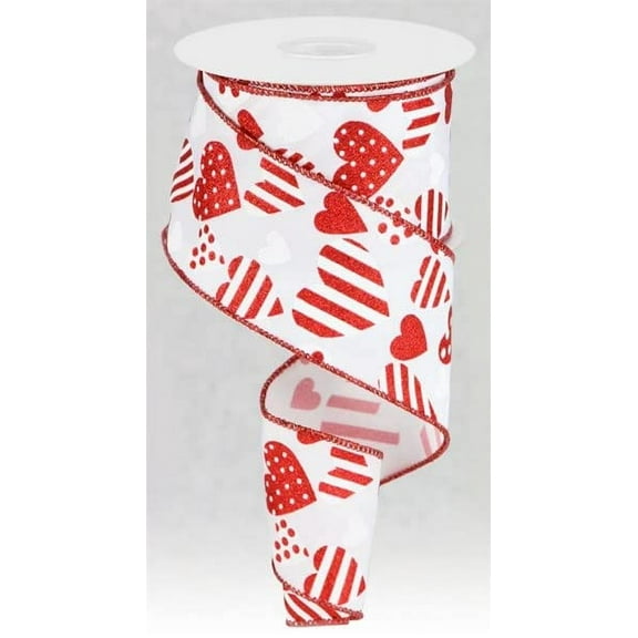 Multi Patterned Valentine Hearts on Canvas Wired Edge Ribbon, 10 Yards (2.5 Inch, White)