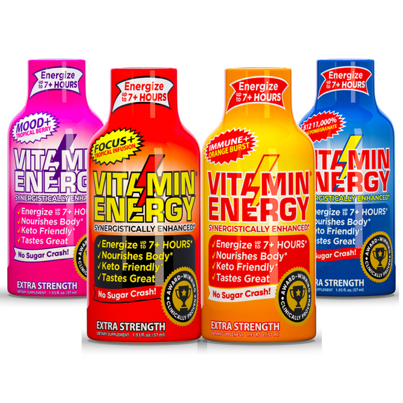 Vitamin Energy Extra Strength Shot Variety Pack, 4 Pack – 260mg Natural Caffeine, Multi-Functional Energy, Focus, Hydration & Immune Support, Zero Sugar, 1.93 fl oz