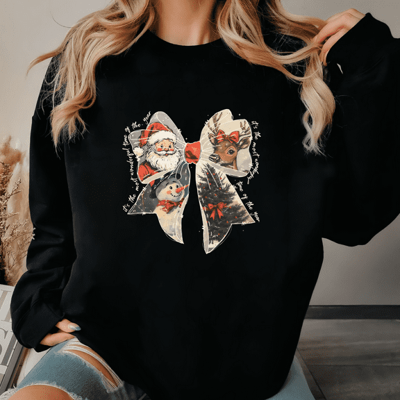 Vintage Christmas Sweatshirt Women’s Holiday Bow Pullover
