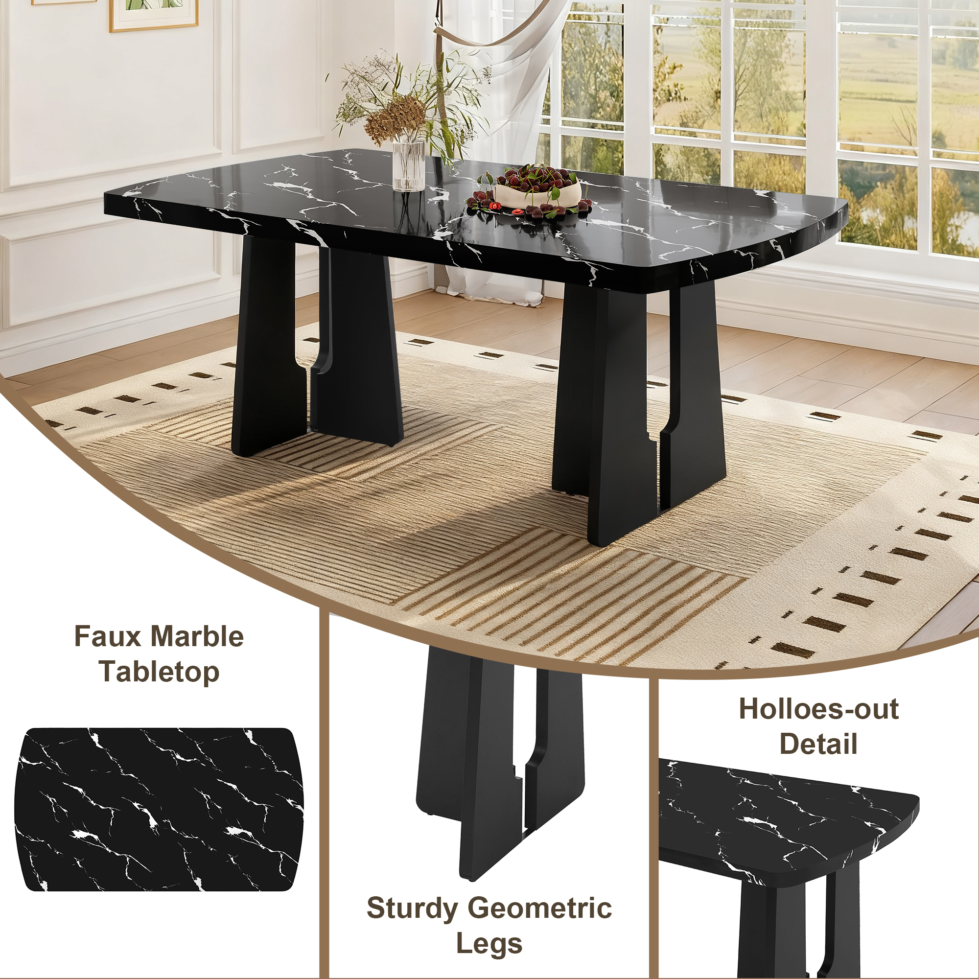 Euroco 6 Piece Dining Table Set for 6, 63" Modern Faux Marble Kitchen Table & 4 Upholstered Chairs Set with Solid Wood Frame and 1 Bench,Suitable for Dining Room,Home,Beige+Black