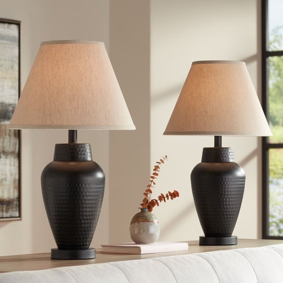 Regency Hill Modern Table Lamps 25" High Set of 2 Rustic Hammered Bronze Metal Vase Natural Linen Empire Shade for Living Room Bedroom
