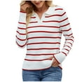 thumbnail image 3 of Women's Striped Lapel Long Sleeve Sweater Pullover Knit Top, Loose Fit Casual Warm Fashion, Fall Winter Holiday Gift | CSEONE,Red XL, 3 of 8