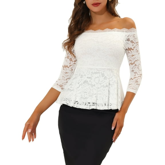 INSPIRE CHIC Women's Floral Lace Blouse Off Shoulder Sheer 3/4 Sleeve Peplum Top XS White
