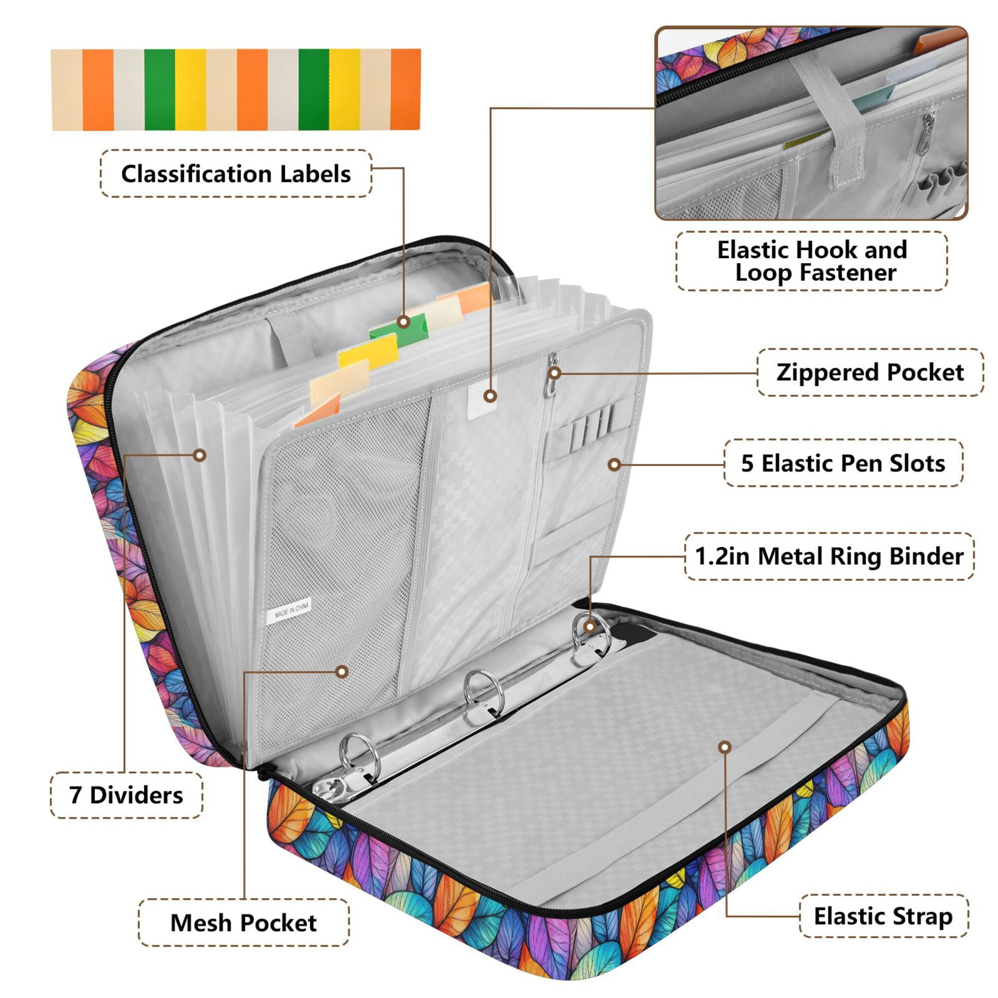 FORMRS Accordion File Folder A4 Size 7-Pocket Expanding Document Organizer Bag with 3 Ring Binder, Colorful Leaves