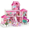 thumbnail image 4 of Hot Bee Kids Luxurious Dollhouse Set, 24.8'' Three-Story Villa with Slide, 7 Rooms with 2 Dolls&4 Puppys, Doll House Furniture Accessories, Pink Gift Toys for Girls 3 4 5 6+, 4 of 12