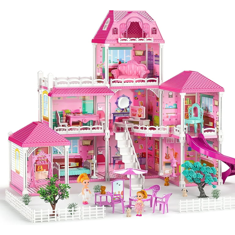 Hot Bee Kids Luxurious Dollhouse Set 24.8 Three Story Villa with Slide 7 Rooms with 2 Dolls 4 Puppys Doll House Furniture Accessories Pink