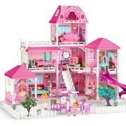 Hot Bee Kids Doll Houses Set for Girls 4-6, Luxurious Dreamhouse Three-Story Villa with Two Dolls, Creative Christmas Gifts for Girls 3 4 5 6 Kids