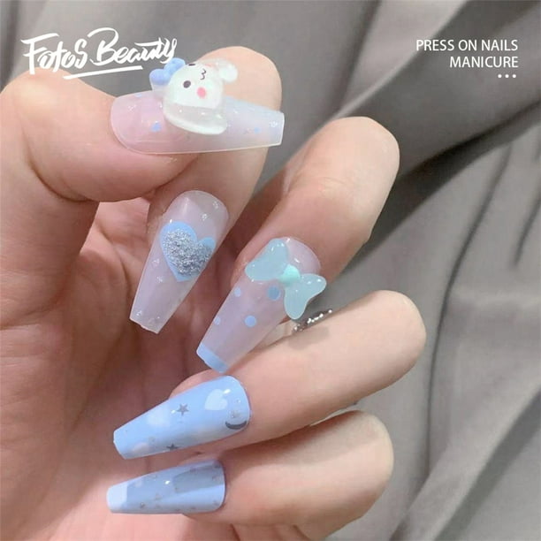 Y2K Style] 24 PCS Coffin Y2K Artificial Nails, 3D Long Press on Nails Gift  for Girls/Womens, Coffin Y2K Light Blue Matte Doggy 