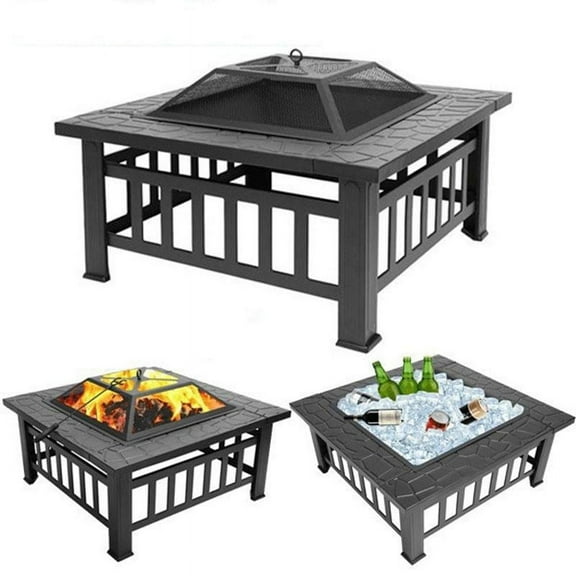 32" Outdoor Fire Pit Square Steel Wood Burning Firepit Bowl with Spark Screen, Waterproof Cover, Log Grate, Poker for Backyard, Camping, BBQ, Bonfire