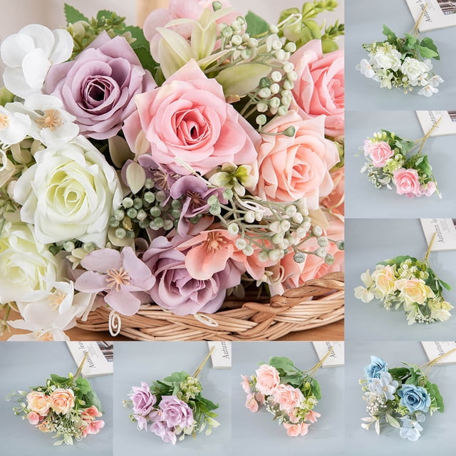 Flor de rosa artificial - Ramo de tela de 11,6 pulgadas tipo real para decoración de pared y hogar