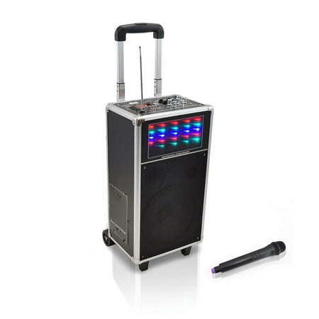 Wireless Battery Powered Pa System - Pyle 400 Watt Portable PA Speaker System with USB/SD Readers, FM Radio, 3.5mm Input, Microphone Inputs, VHF Microphone, Battery and Flashing Lights