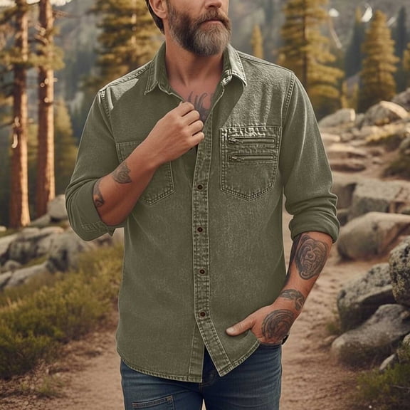 Men's Casual Long Sleeve Shirt with Turn-Down Collar, Button Front, and Pockets