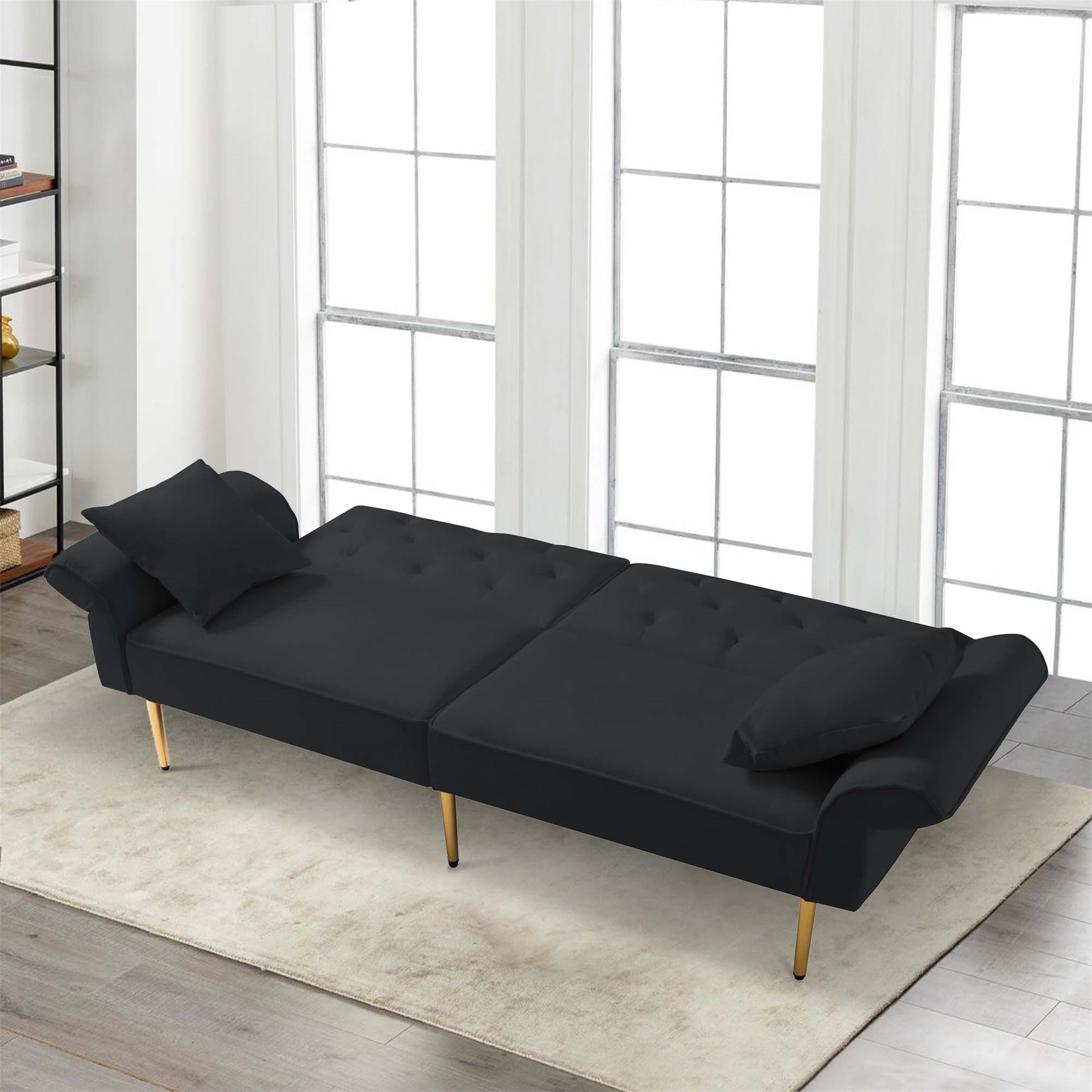 Aukfa 84" Wide Velvet Futon Convertible Sofa for Living Room, Folding Arm, 2 Pillows, Black