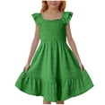 thumbnail image 2 of Girls Summer Smocked Ruffle Sleeve Tiered A Line Sundress, Textured Square Neck Flowy Casual Dress for Kids Green 120, 2 of 3