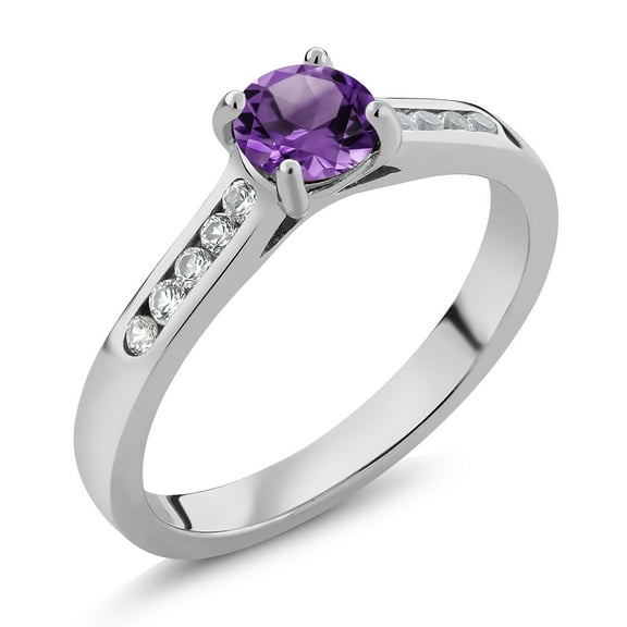 Gem Stone King 925 Sterling Silver Purple Amethyst and White Created Sapphire Engagement Ring for Women | 0.58 Cttw | Round 5MM | Gemstone February Birthstone | Size 9