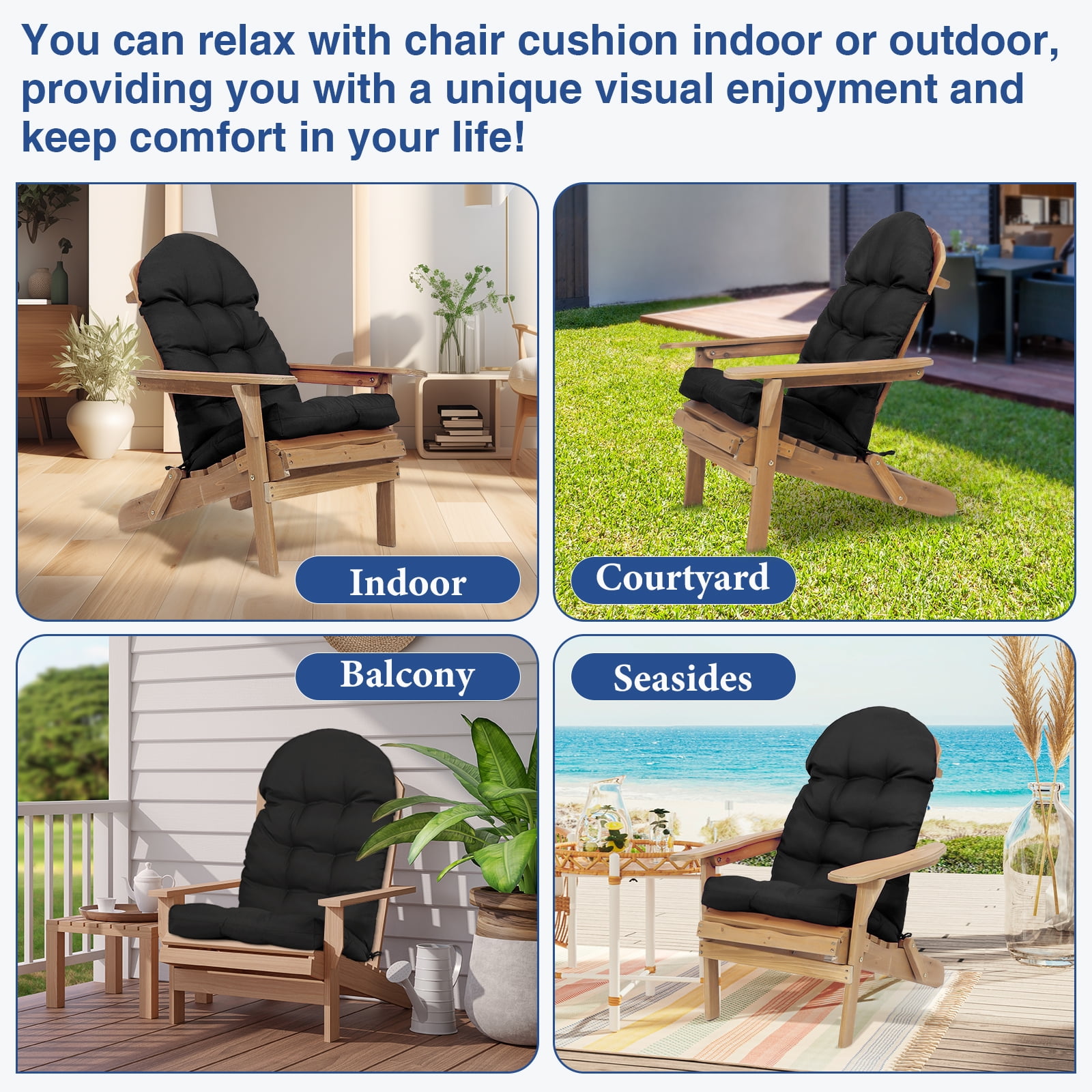 YEERSWAG Outdoor Adirondack Chair Cushions 43x20, Non-Slip Water Resistant High Back Patio Rocking Chair Pad with Ties, Black