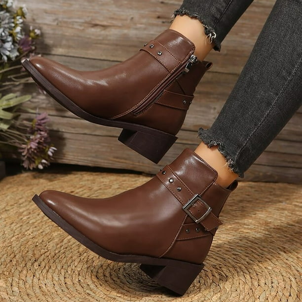 Botines Camel Botines De Tacon Bajo Para Mujer Con