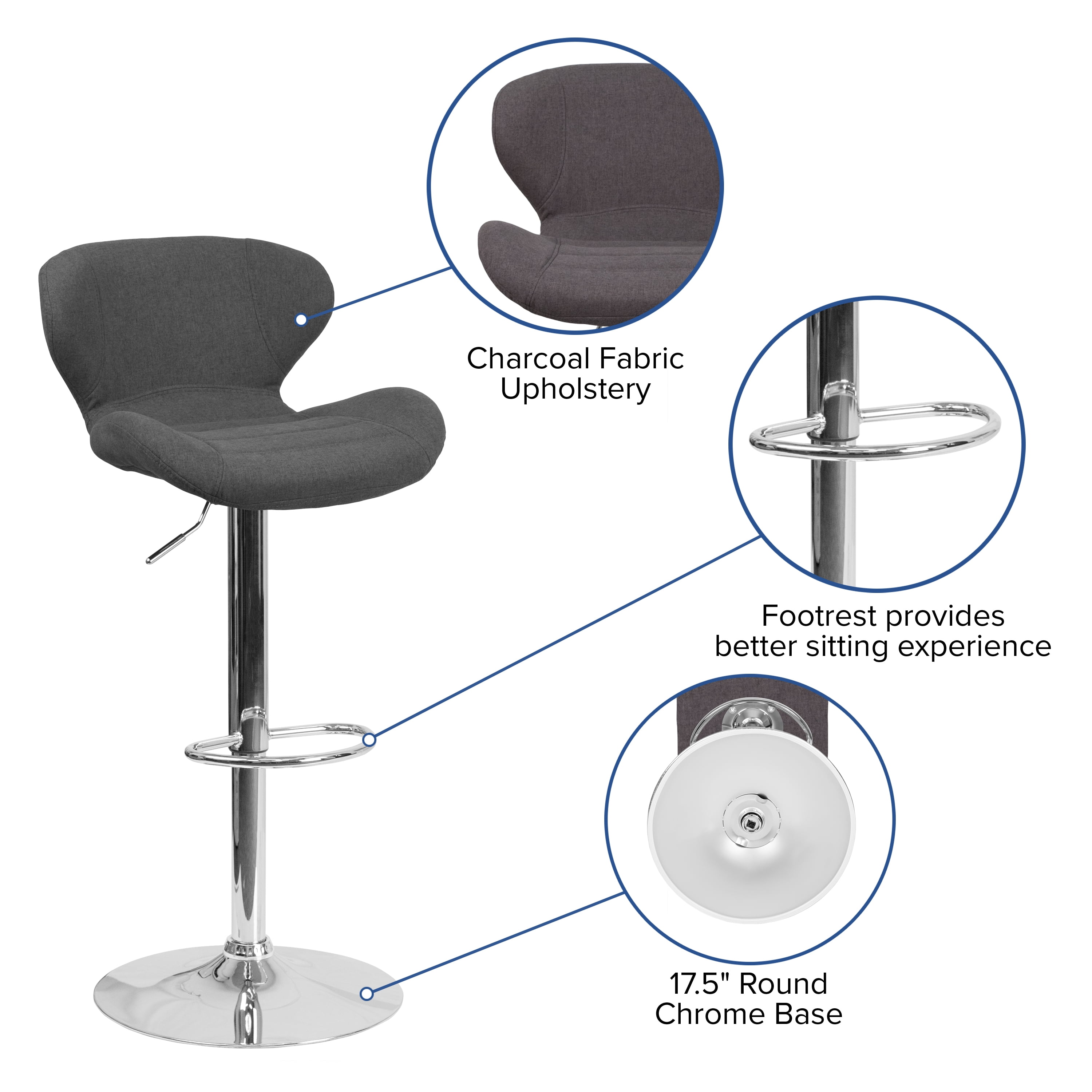 Flash Furniture 2 Pack Contemporary Charcoal Fabric Adjustable Height Barstool with Curved Back and Chrome Base