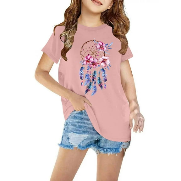 piuwrlz Summer Short T-Shirts for Girls Short Tops Sleeve Printed Tops Cotton Undershirts Pink Size 7 Years
