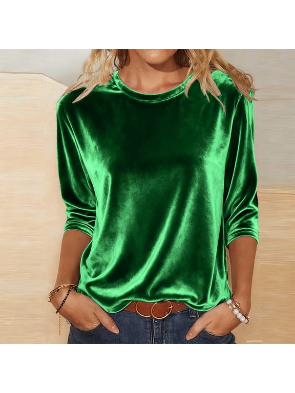 T Shirts for Women 3/4 Length Sleeve Velvet Shirts for Women Round Neck Gold Velvet Tops Elegant Holiday Blouses Womens Fashion Top Shirts