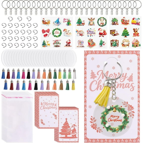 27 Pcs Acrylic Keyring Making Kit, Christmas UV DTF Stickers, Christmas Display Cards, Round Blank Keychain Set for Vinyl DIY Craft Project