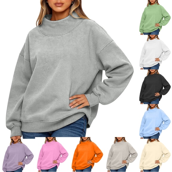 Qwertyu Mock Neck Sweatshirt Women Oversized Plain Pullover Sweatshirts No Hood Casual Fall Long Sleeve Turtleneck Tops Purple XL