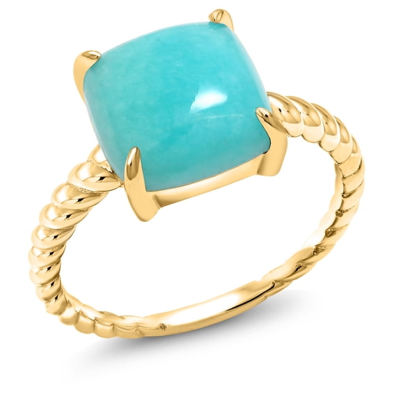 Gem Stone King 18K Yellow Gold Plated Silver Sleeping Beauty Turquoise Ring for Women | 10MM Square Cabochon | Gemstone Birthstone | Available in Size 5, 6, 7, 8, 9 | Size 8