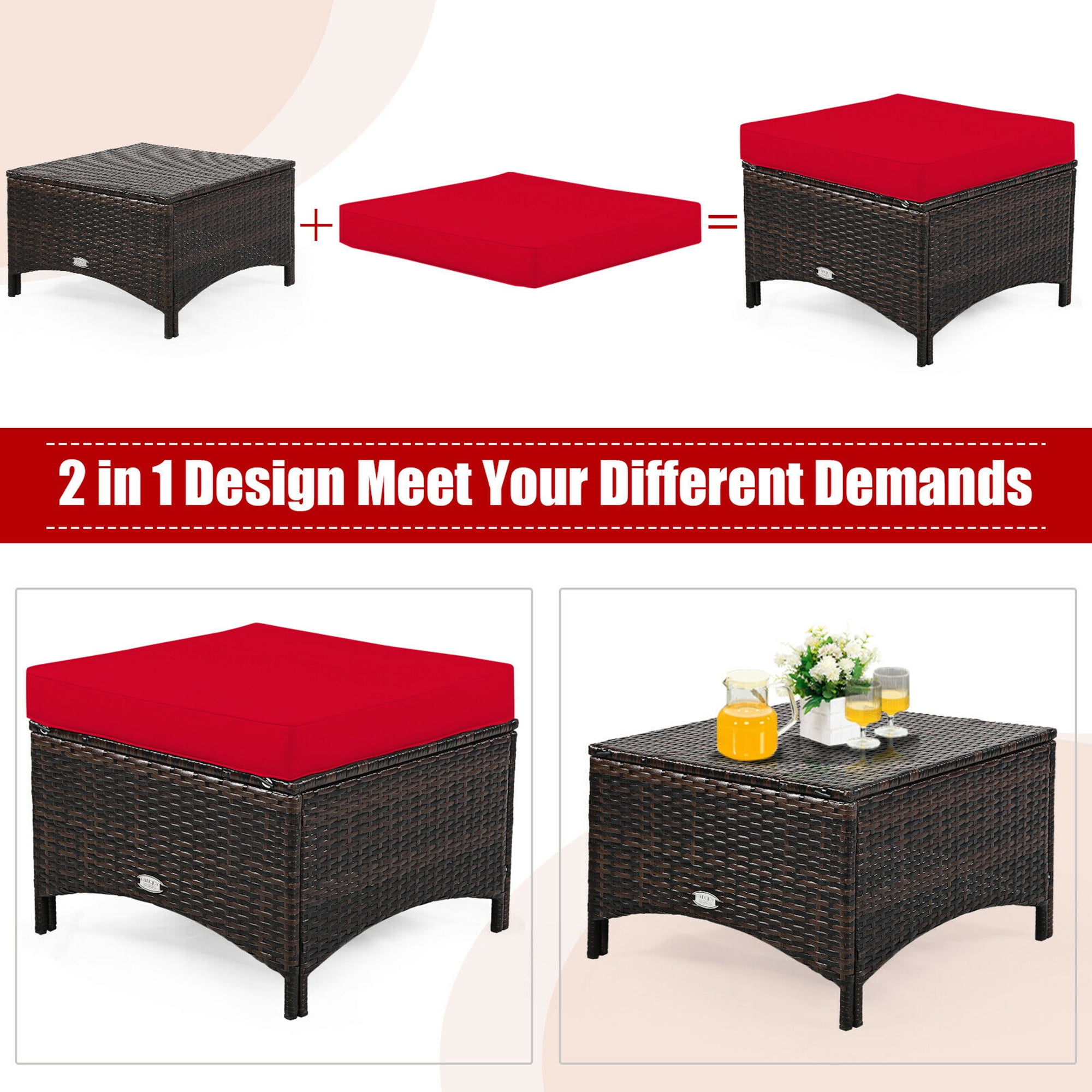 Gymax 5PCS Rattan Patio Conversation Sofa Furniture Set Outdoor w/ Red Cushions