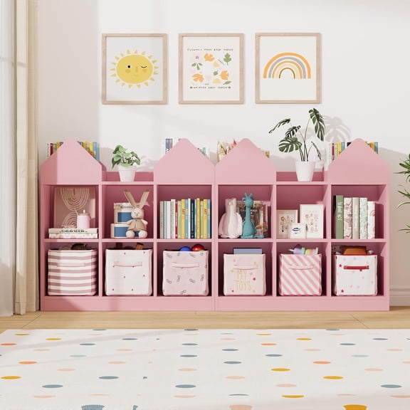 2 Pcs Pink Castle Bookshelf & Toy Storage Organizer – 4 Book Racks & 6 Open Cubbies, Wooden Playroom Shelf for Nursery, Daycare, Bedroom