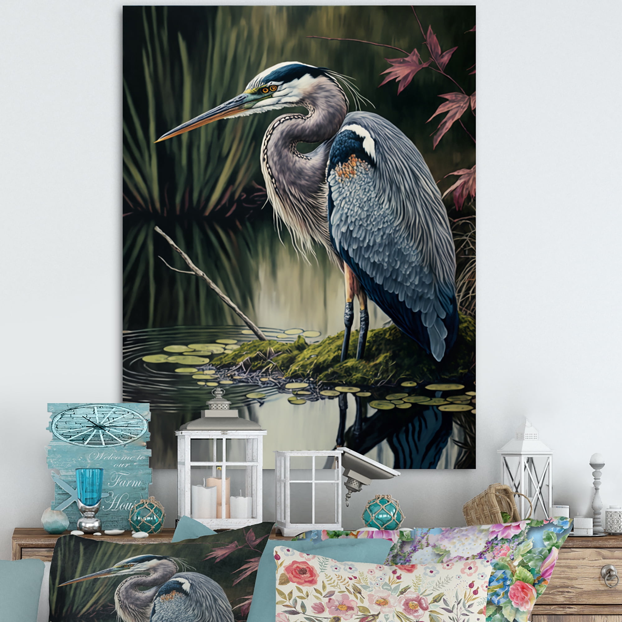 Designart Heron At The Edge Of The River Canvas Wall Art