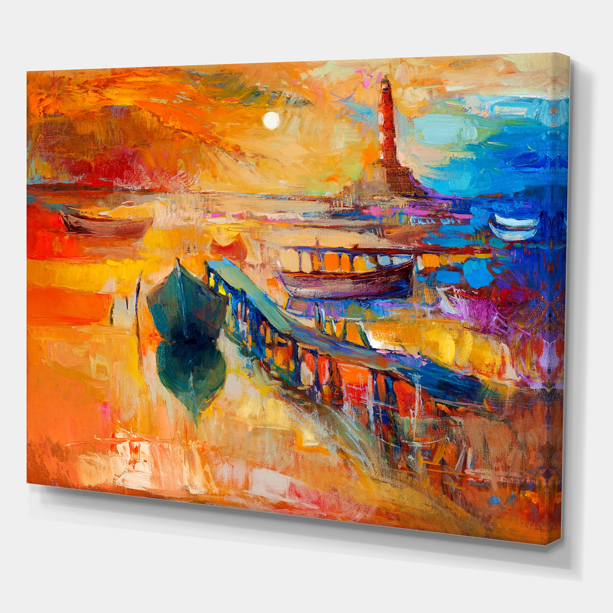 Designart ' Boats Near Coastal Town Resting On The Water III ' Nautical & Coastal Canvas Wall Art Print