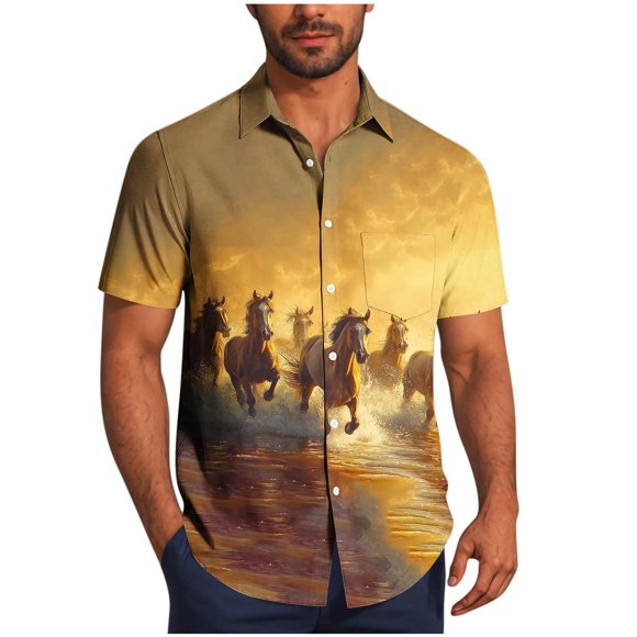 Hawaiian Print Short Sleeve Button Down Shirt for Men, Turndown Collar, Polyester Fabric, Lightweight Summer Casual Top, Breathable, Fade Resistant