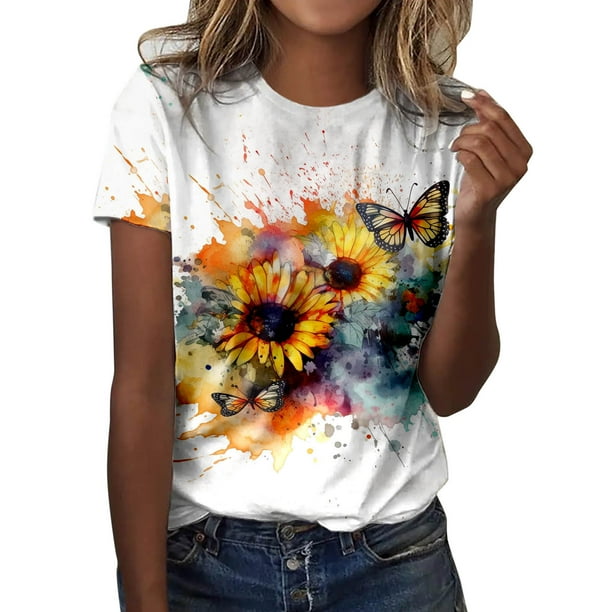 Gibobby Camisetas Mujer Manga Corta Camiseta con estampado de y flores de manga corta con cuello redondo y moda informal de verano para mujer(Blanco,G)