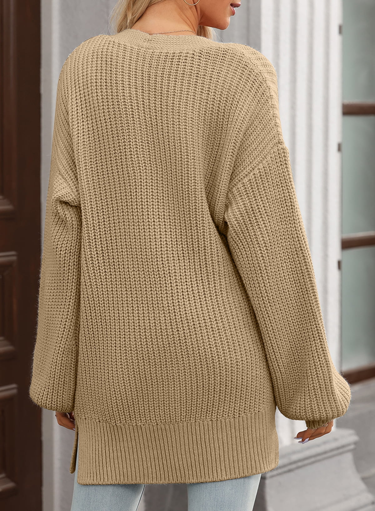 Women's Open Front Cardigans Long Sleeve Cable Knit Sweater Button Loose Winter Outerwear Khaki US 16-18 - image 4