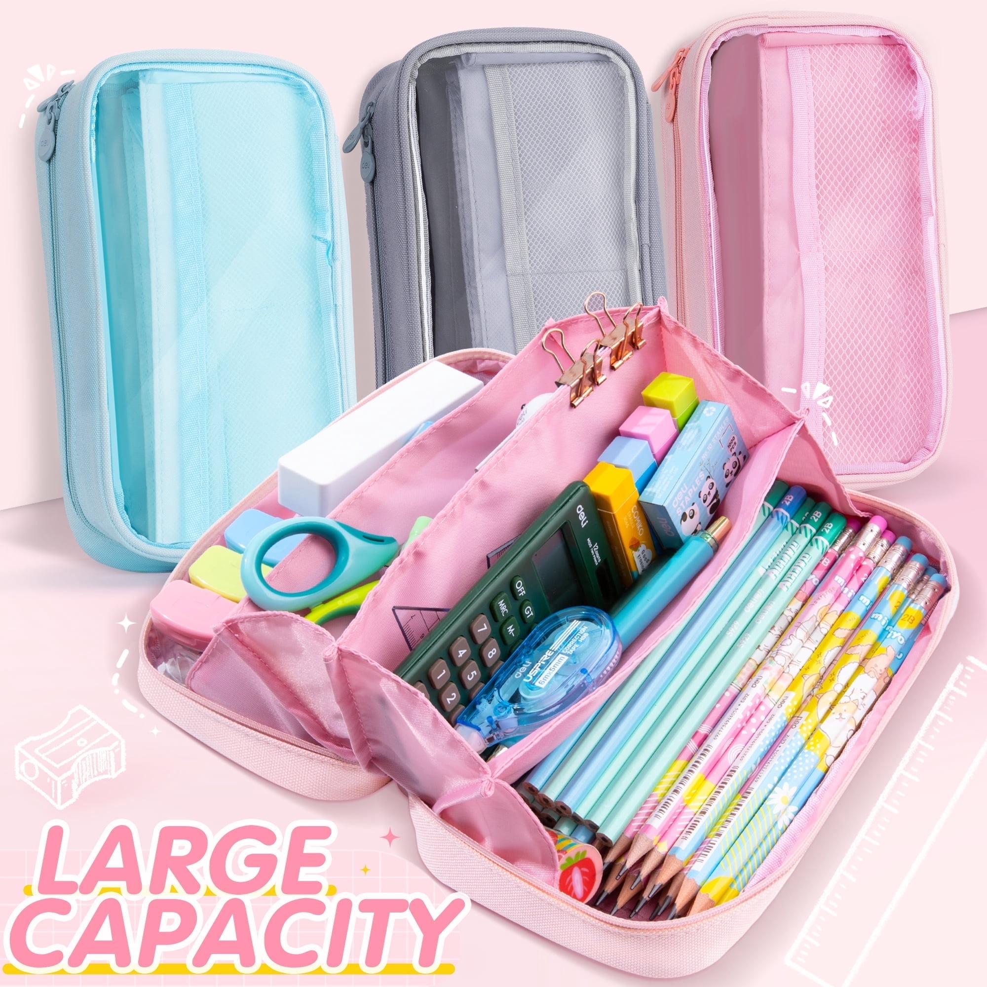 Deli Pencil Case for Kids,Large Capacity Foldable Pencil Pouch with 4 Compartments, School Supplies Organizer Bag for Students, Teens and Office Use,Pink