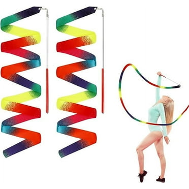 2PCS Dance Ribbons, 78.7 Inch Rhythmic Gymnastics Ribbon, Colorful Dance Ribbon with Dancer Wand, Rainbow Dancing Ribbon Streamers for Kids Adults Artistic Dancing Training Party Favor