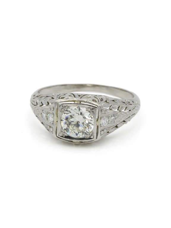 Women Filigree Pave Set Engagement Ring, Milgrain Solitaire Art Wedding Ring, 2.2 Ct Simulated Round Cut Diamond, 14K White Gold Plated