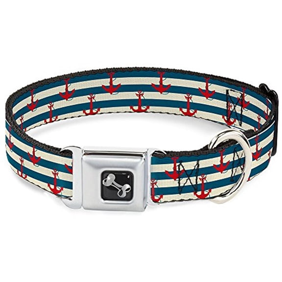Buckle-Down Pet Collar, Dog Collar Metal Seatbelt Buckle, Anchors Stripes White Blue Red, 9.5 to 13 Inches 1.0 Inch Wide