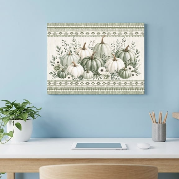 Thanksgiving Day Canvas Wall Art, Fall Green White Pumpkins Berry Leaf Floral Stripe Wall Art Prints Artwork Framed Canvas Ready to Hang Art Pictures for Living Dining Room Bedroom Hallway 24" x 18"