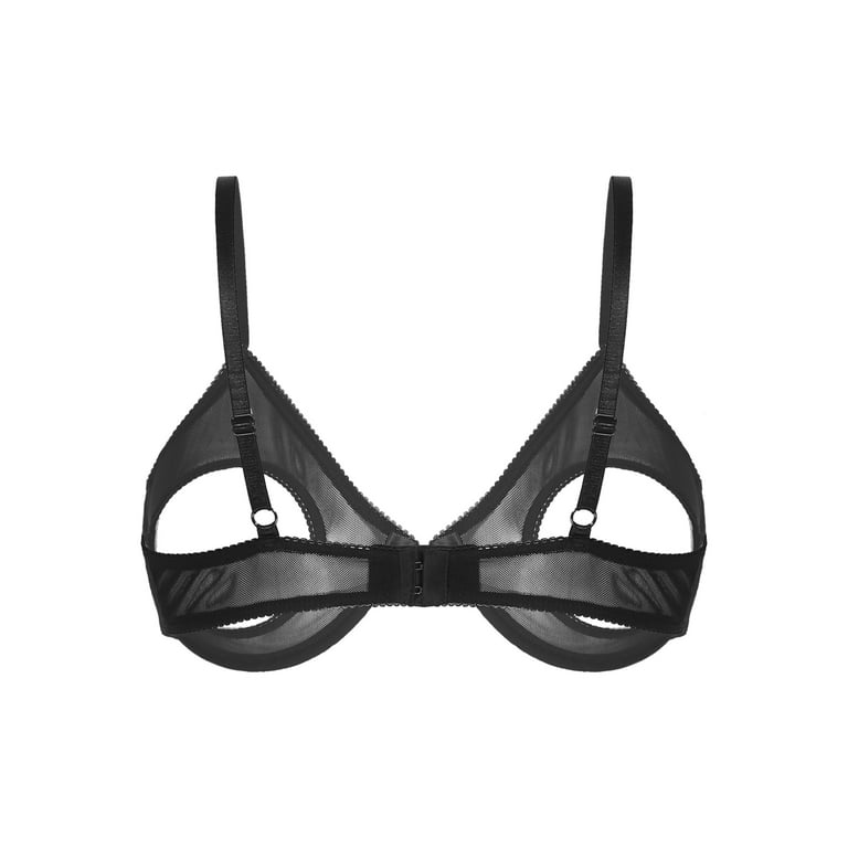  Lejafay Women's Sheer Mesh Unlined Bra Sexy Flower Lace Open Cup  Wireless Underwear with Metal Chain Black Small: Clothing, Shoes & Jewelry