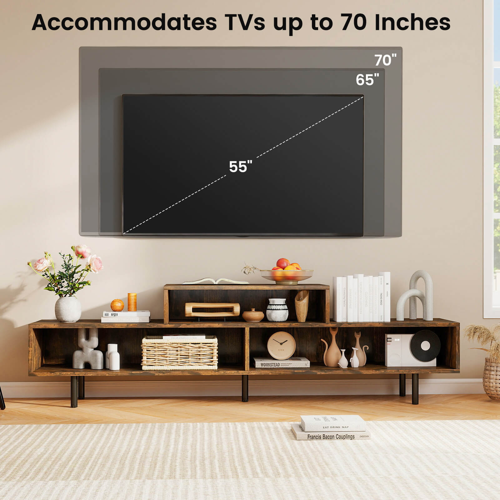 Costway TV Stand, 63” Long Entertainment Center with Open Storage Shelves for TVs up to 70” Rustic Brown