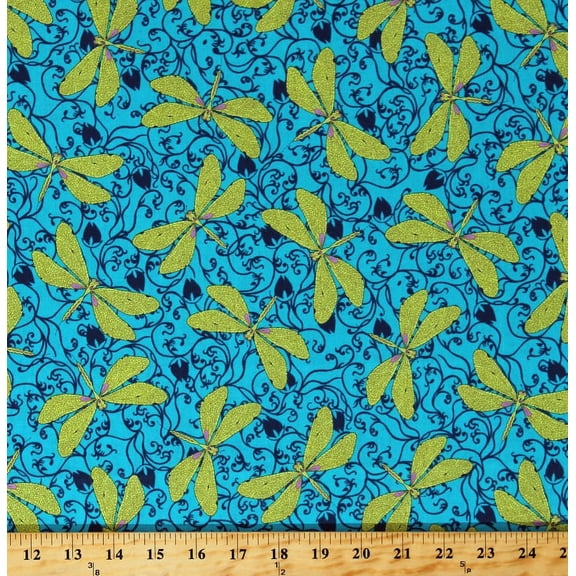 Cotton Dragonflies Dragonfly Bugs Green Insects on Blue Floral Scroll Hayden Cotton Fabric Print by the Yard (1649-26304-B)
