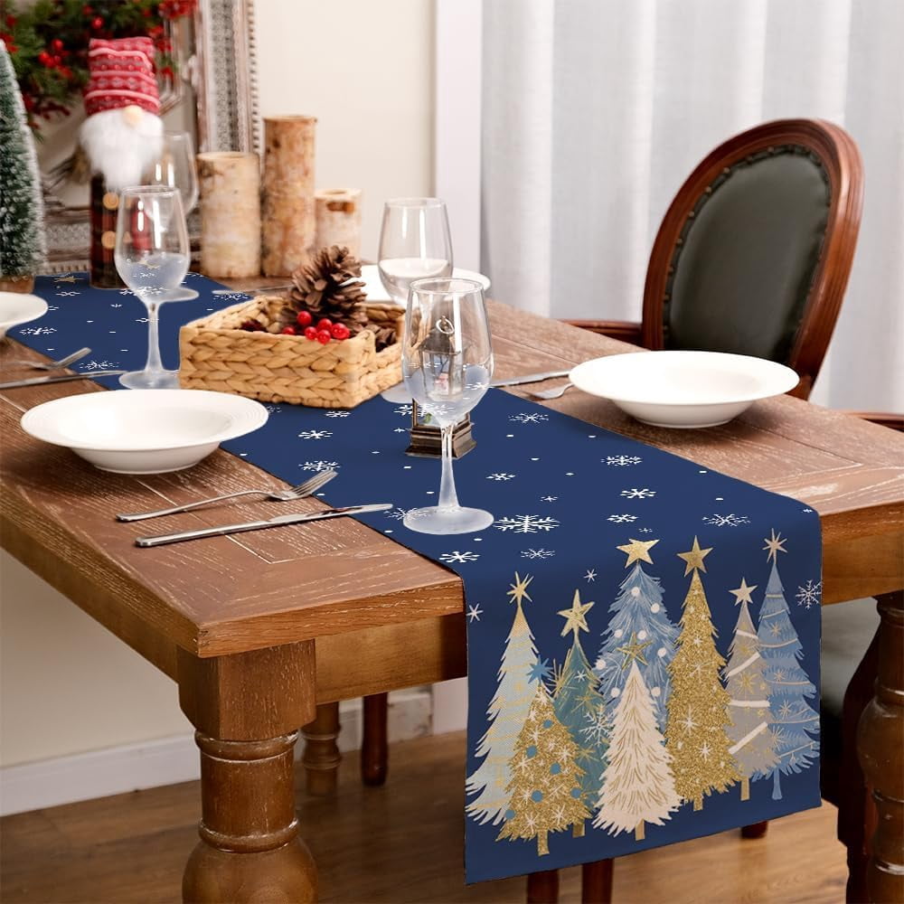 Christmas Table Runner 13x72 Inch, Xmas Trees Snowflakes Holiday Decorative Farmhouse Table Decoration for Kitchen Dinning, Indoor Outdoor Dinner Party Decor