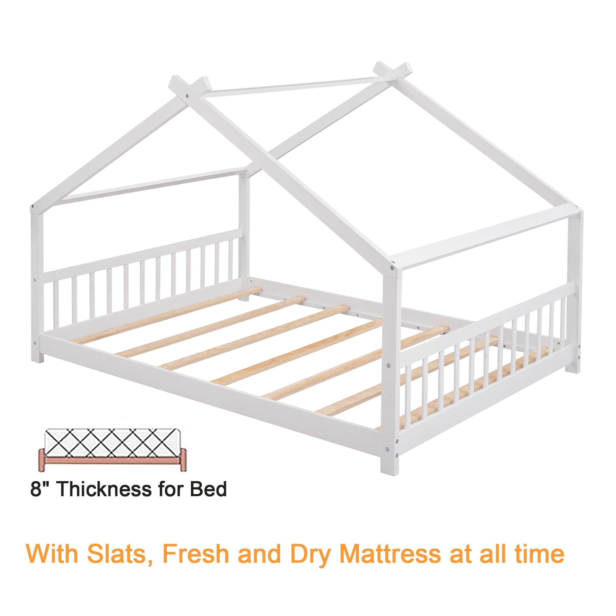 Full Size House Bed, Montessori Style Floor Bed Frame, Wood Fun Playhouse Twin Bed with Headboard and Footboard for Teens（White)