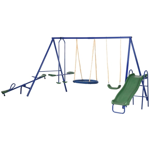 5-in-1 Outdoor Playground Set with Saucer Swing, Slide, Seesaw & Glider, Multi-Color Steel & PE Gym Set for Backyard & Garden, 157.5"L x 113"W x 71.7"H, Holds Up to 693 lbs